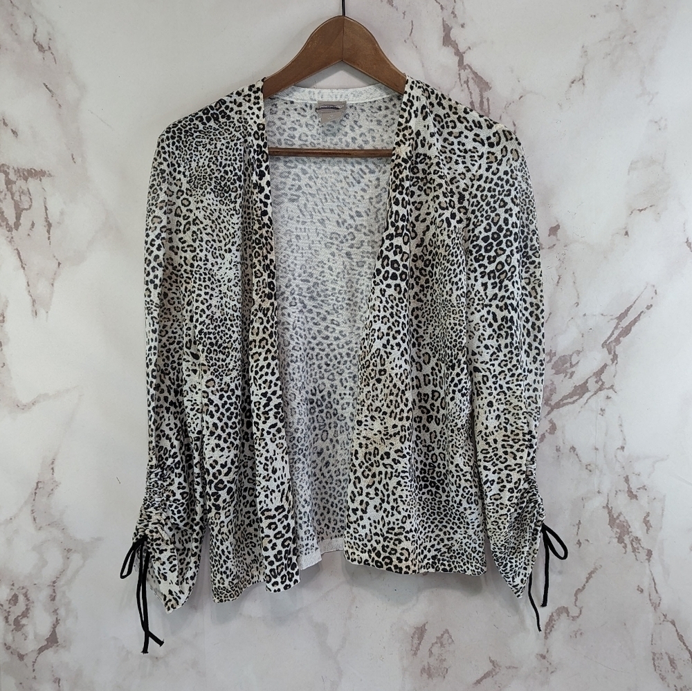 Chicos Cardigan Women Medium 1 Leopard Cheetah Print Ruched Tie Lightweight